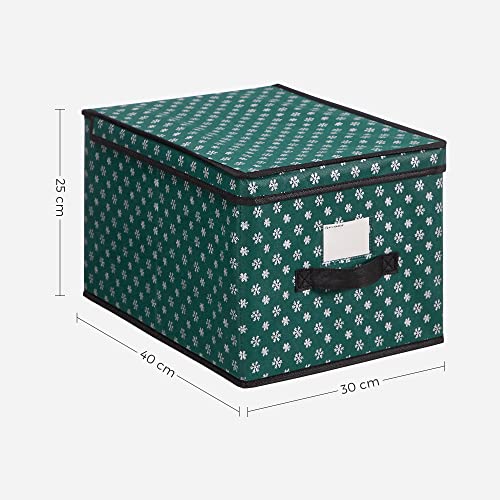 SONGMICS Tárolódobozok fedéllel, 3 darabos készlet, Összecsukható dobozok Karácsonyi címkékkel, Textil dobozok Hópehely mintával, Szekrényhez, 30 x 40 x 25 cm méretben, Zöld színben,