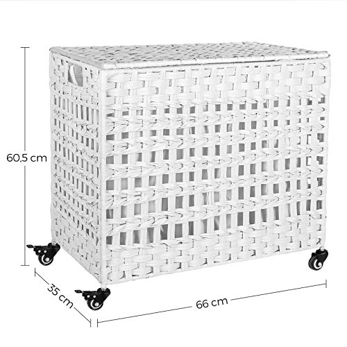 SONGMICS Kézzel Szőtt Ruhakosár Tetejével, Rattan-Stílusú Ruhakosár 3 Különálló Rekeszzel, Fogantyúkkal, Leszerelhető Bélészsákokkal, Nappalira, Fürdőszobába, Mosókonyhába, Fehér