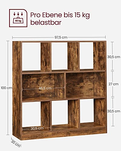 VASAGLE Könyvespolc, Fa Könyvszekrény, Szabadon Álló Tároló Egység Nappaliba, Hálószobába, Gyerekszobába, 97,5 x 30 x 100 cm méretben, rusztikus barna színben,