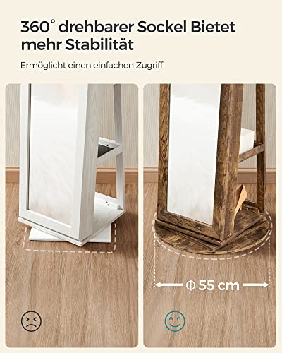 SONGMICS 360° Forgatható Ékszer Szekrény, Magas Teljes Hosszúságú Tükörrel, Zárható Ékszer Tároló Beépített Kis Tükörrel, Hátsó Tároló Polcokkal, Rózsafa Barna