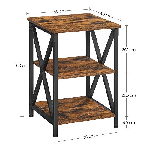 VASAGLE Asztal, Végződésű Asztal X- alakú Acélvázzal és 2 tárolópolccal, Éjjeli asztal, Farmhouse Ipari stílus, 40 x 40 x 60 cm, Régies barna és fekete