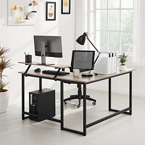 VASAGLE Számítógépasztal, L-alakú Íróasztal Monitorállvánnyal, Otthoni irodai tanuláshoz és játékhoz, Helytakarékos, Egyszerű összeszerelés, Greige és Fekete
