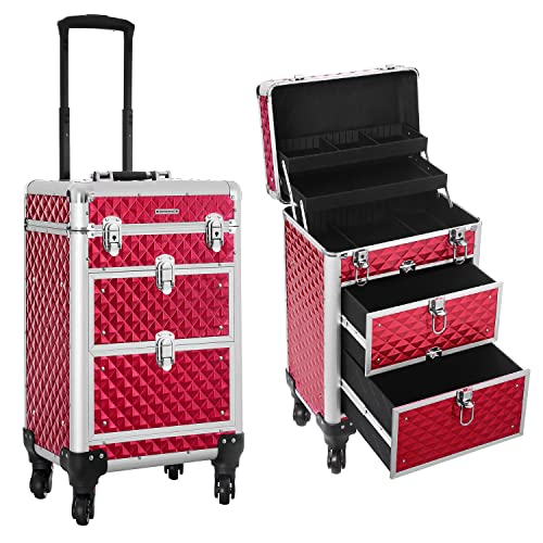 SONGMICS Travel Accessories Rolling Trolley Cosmetic Case ABS Red 34 x 27 x 57 cm