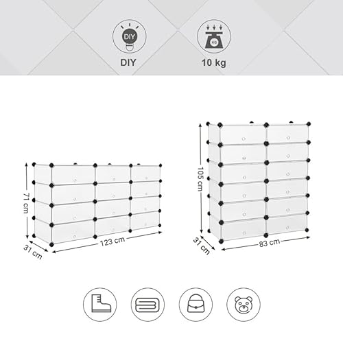 SONGMICS Moduláris Cipőtartó, Téglalap alakú Tárolószervező, 12 Nyílással, 40 x 30 x 17 cm Az Egyes Nyílássokhoz, Fém Drótos Ruhatároszlop, Fehér