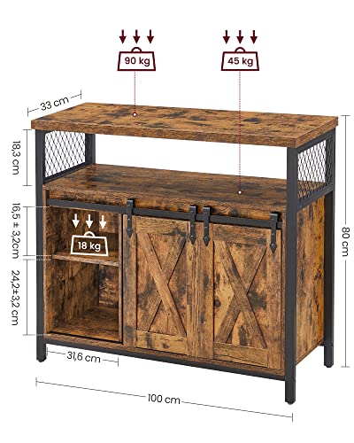 VASAGLE Ebédlő Sideboard, Konyhaszekrény, Tárolószekrény, Büféasztal Tolóajtókkal, Állítható Polccal, Ipari Stílusban, Nappalihoz, Rustikus Barna és Fekete