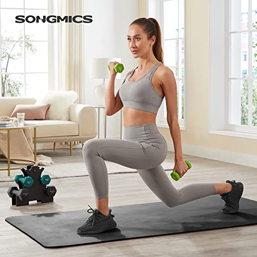 SONGMICS Hexa Súlyzók Készlet Állvánnyal - 2 x 1 kg, 2 x 2 kg, 2 x 3 kg, Neoprene Matt Kivitel, Kézi Súlyok Otthoni Edzéshez, Lime, Tengerzöld és Sötét Szürke