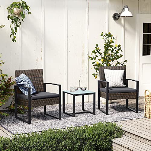 Songmics  Balkon Bútor Szett, PE Polyrattan Pihenő Szett, Asztal és 2 Szék, Kerti Bútor, Egyszerű Összeszerelés, Kültérre, Balkonra, Kertbe, Fekete/Szürke