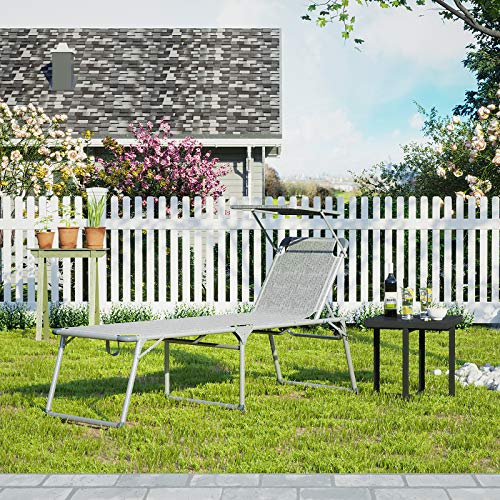 SONGMICS Napozóágy, Napágy, Nagyméretű Dönthető Napozó Szék, 65 x 200 x 48 cm méretben, Maximális terhelhetőség 150 kg, Dönthető háttámlával, Napellenzővel, Összecsukható, Kertbe, Erkélyre, Teraszra, Foltos szürke színben,
