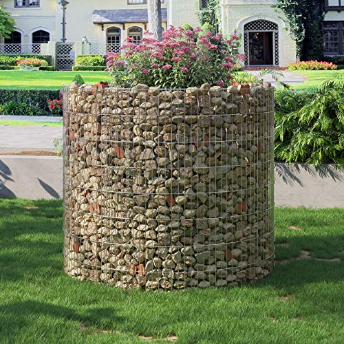 SONGMICS magas körgabion kövekhez, fém gabion ketrec és kosár vastag rácsokkal 2,5 x 10 cm, rozsdaálló horganyzott acél, 90 x 80 cm (átmérő x magasság), kerti virágágyás dekoráció