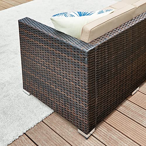 SONGMICS  Erkély Bútor Kerti Bútor Készlet PE Polyrattan Ülőhely Szett Párnákkal és Üveg Asztallal, Patio Bútor Sarokkanapé Kültéri Használatra, Erkélyhez, Kerthez Barna Taupe
