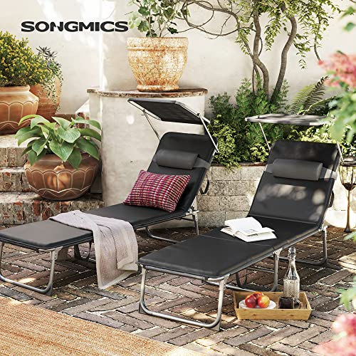 SONGMICS  Napágy 3 cm Vastag Párnával, Fejtámlával, Napernnyővel, Állítható Háttámlával, Összecsukható, 53 x 193 x 29.5 cm, Maximális Terhelhetőség 150 kg, Kert, Erkély, Fekete