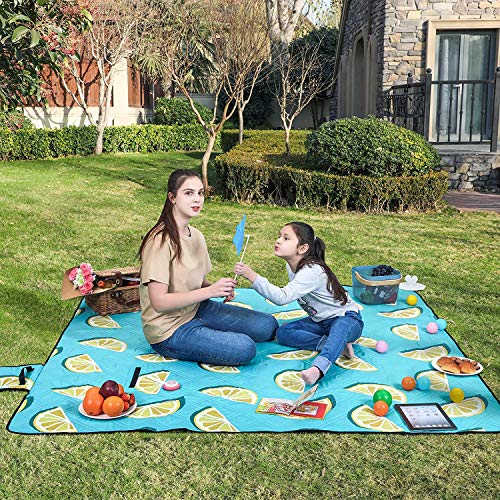 SONGMICS pikniktakaró, 200 x 150 cm, nagyméretű kemping piknik pokróc, strandra, parkra, udvarra, vízálló réteggel, gépben mosható, összecsukható, citrommintás