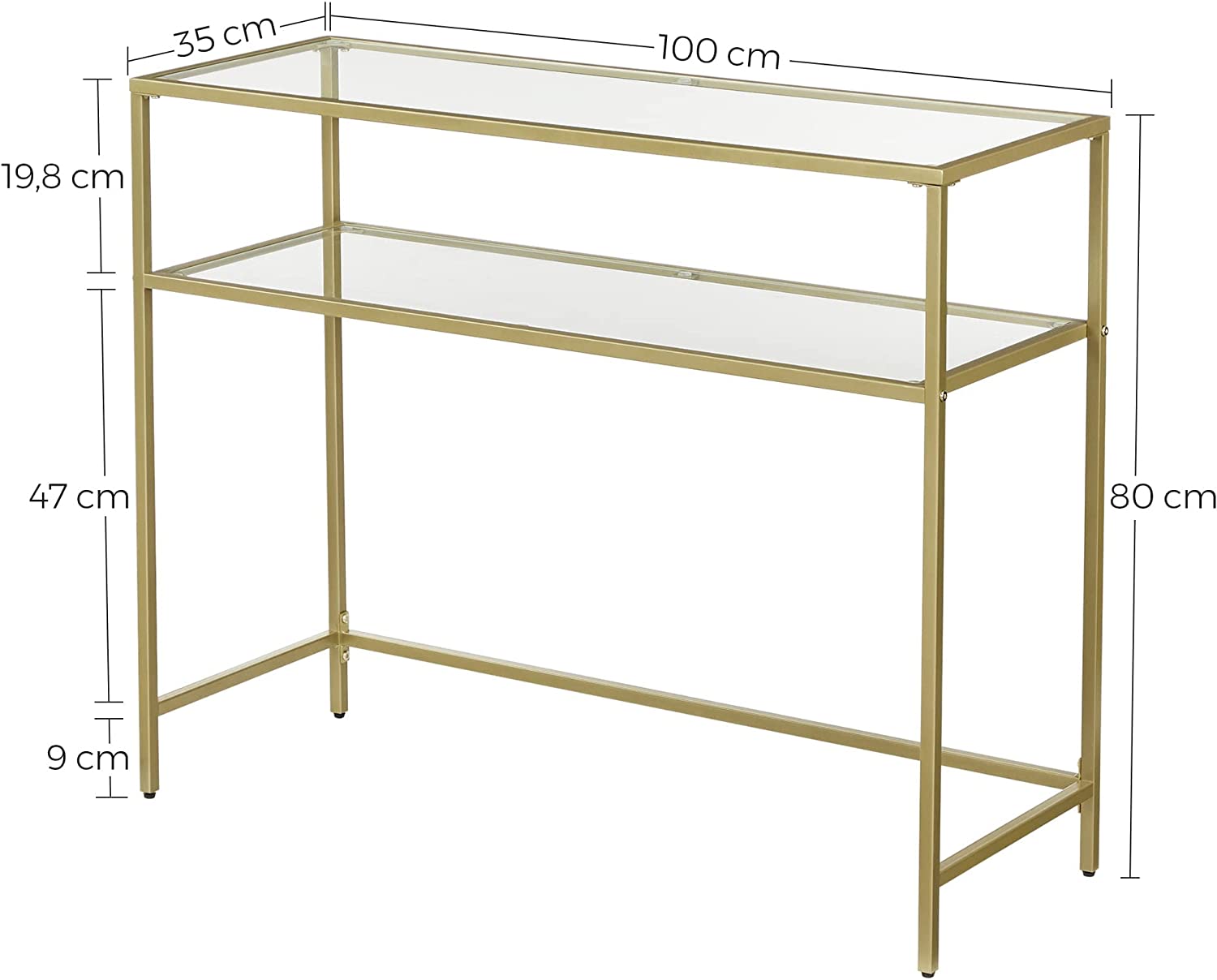 Vasagle konzol, asztal fém kerettel és üveglappal 100 x 35 x 80 cm gold arany