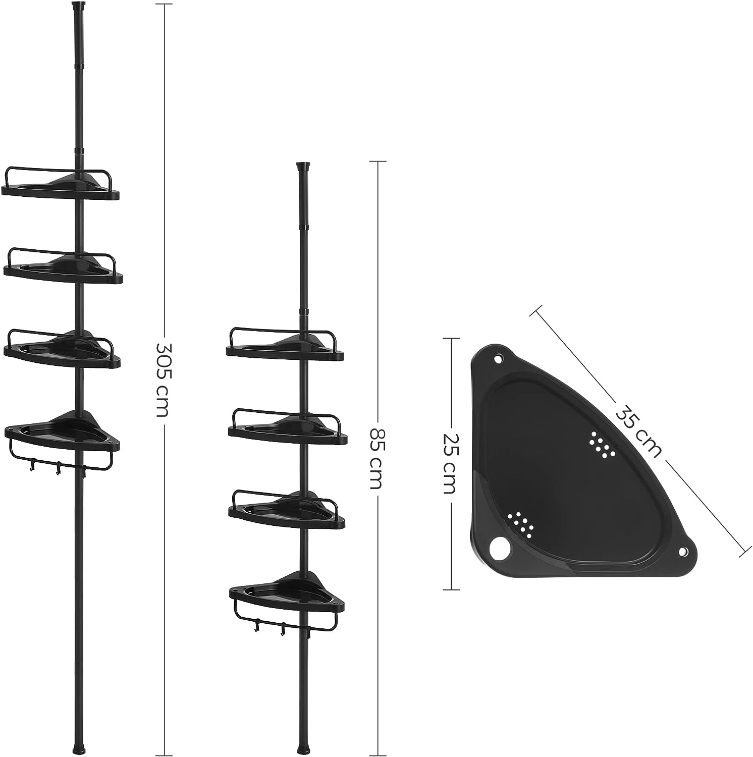 SONGMICS Állítható Fürdőszobai Sarokpolc, Teleszkópos Zuhanykosár, 85-305 cm, Padlótól Plafonig, 4 Tálcával, 3 Akasszal, Fekete