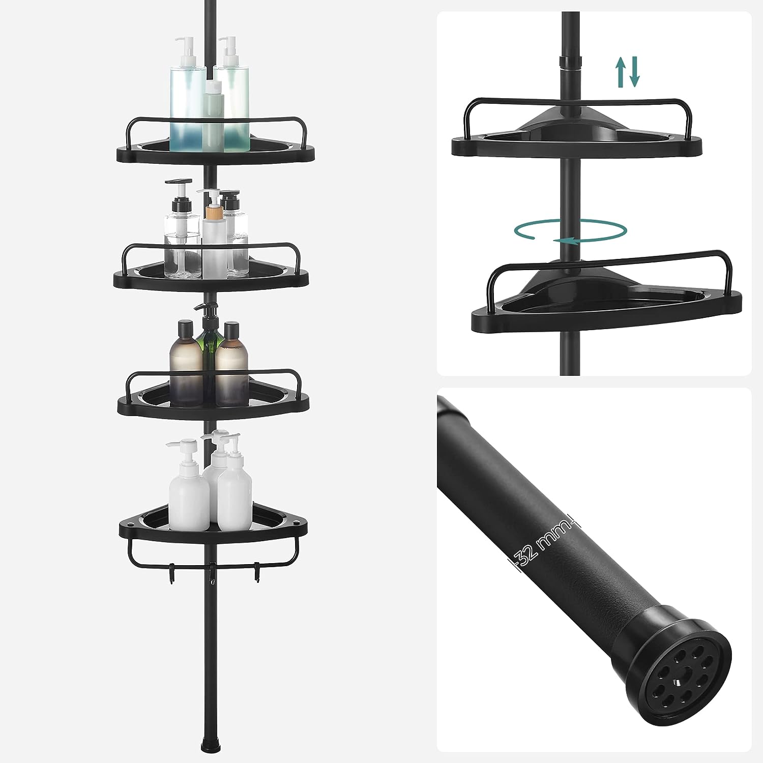 SONGMICS Állítható Fürdőszobai Sarokpolc, Teleszkópos Zuhanykosár, 85-305 cm, Padlótól Plafonig, 4 Tálcával, 3 Akasszal, Fekete