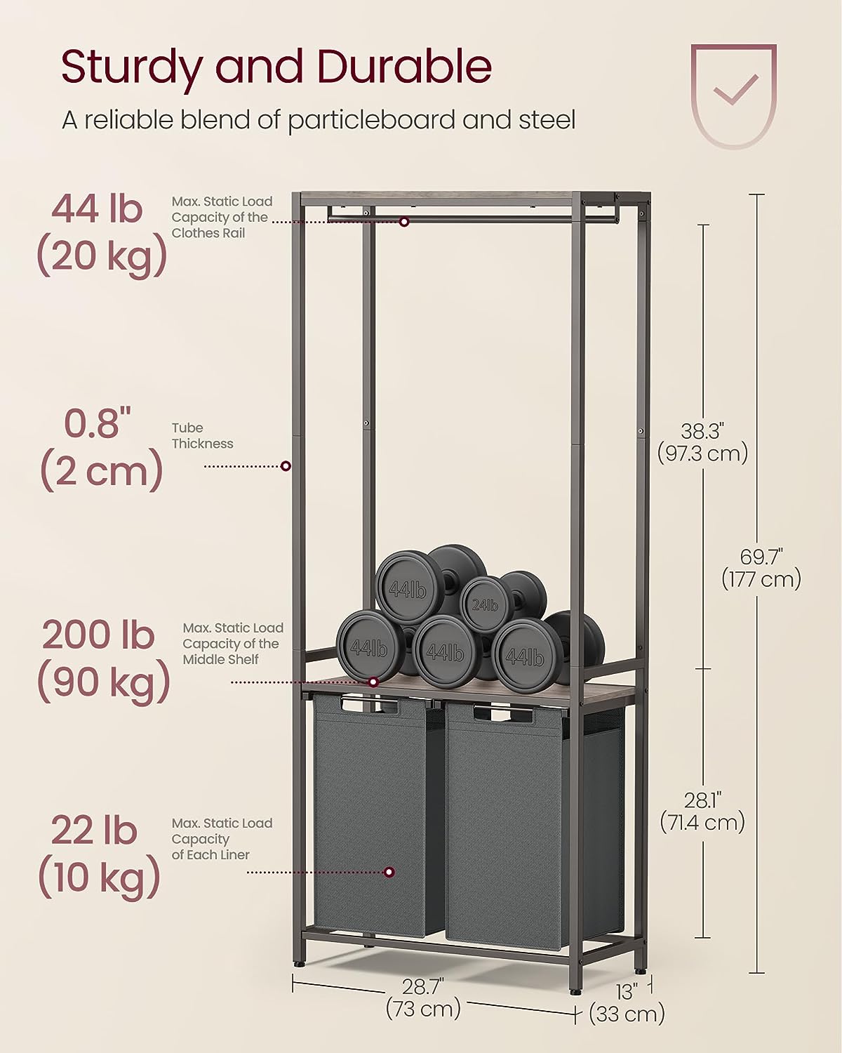 VASAGLE 2-szekciós mosó kosár kivehető és mosható bélésekkel, Szennyeskosár, ruháknak fogantyúval, 2 x 12,1 gallon, 28,7 x 13 x 69,7 hüvelyk, szürkés szürke és palakék