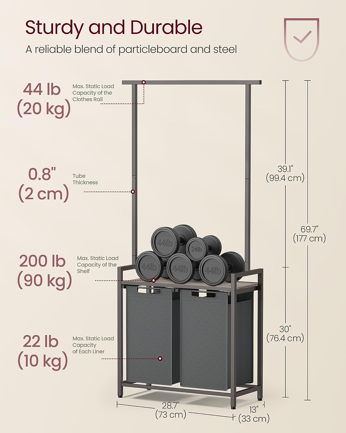 VASAGLE 2 részes mosodai kosár ruhasínnel, kivehető bélésekkel és polcokkal, 2 x 45,9 liter, 73 x 33 x 177 cm, szürke pöttyös és szürke palatető