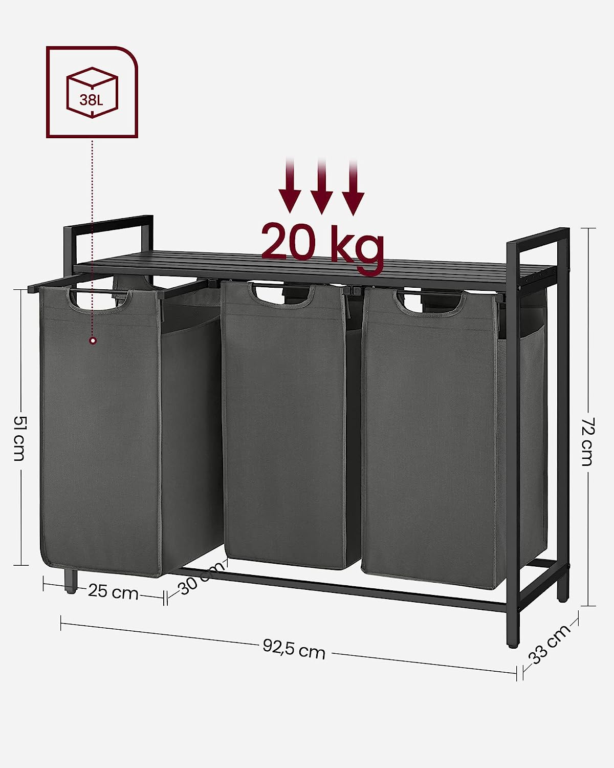 Szennyes kosár, 3 rekesszel, kivehető és kihúzható szennyeszacskók, szennyesválogató, 1 tárolópolc, fém kerettel, 3 x 38l, fekete és szürke, 92,5 x 33 x 72 cm, VASAGLE