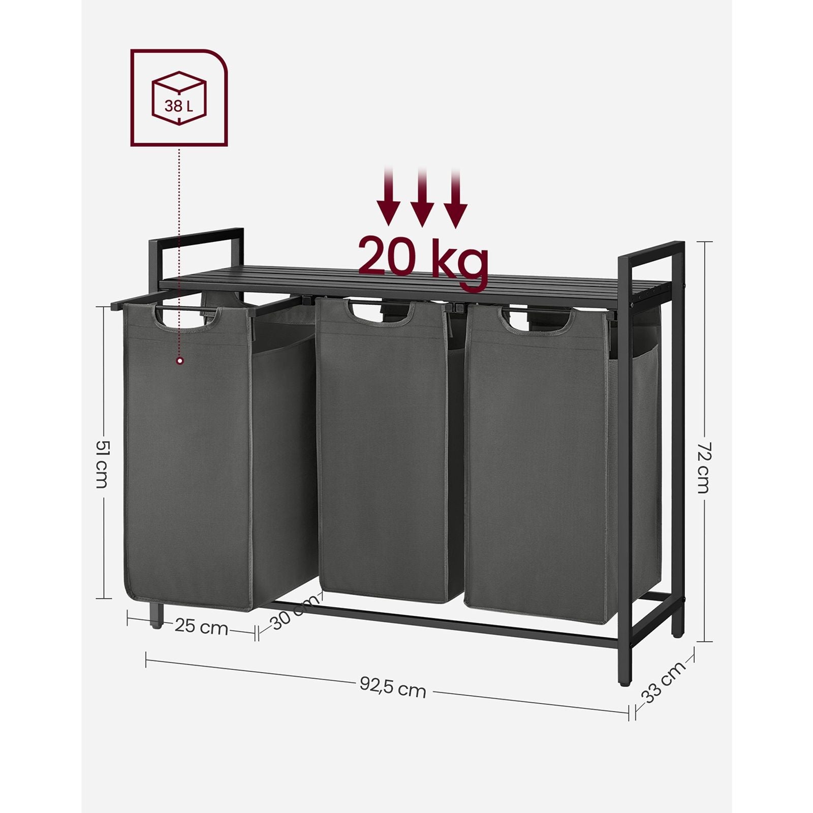 Szennyes kosár, 3 rekesszel, kivehető és kihúzható szennyeszacskók, szennyesválogató, 1 tárolópolc, fém kerettel, 3 x 38l, fekete és szürke, 92,5 x 33 x 72 cm, VASAGLE