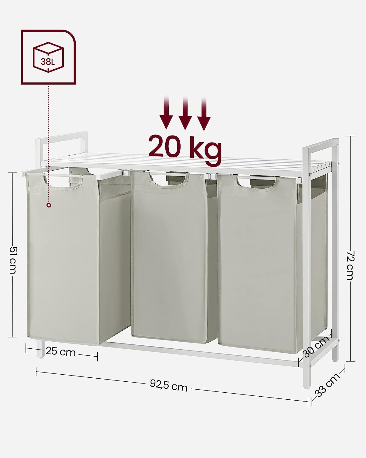 VASAGLE Ruhakosár, 3 Rekeszes Ruhatartó, Kinyitható és Leveheto Mosózsákokkal, Ruhaszortírozó, Polccal, Fém Keret, 3 x 38 L, 92.5 x 33 x 72 cm, Fehér