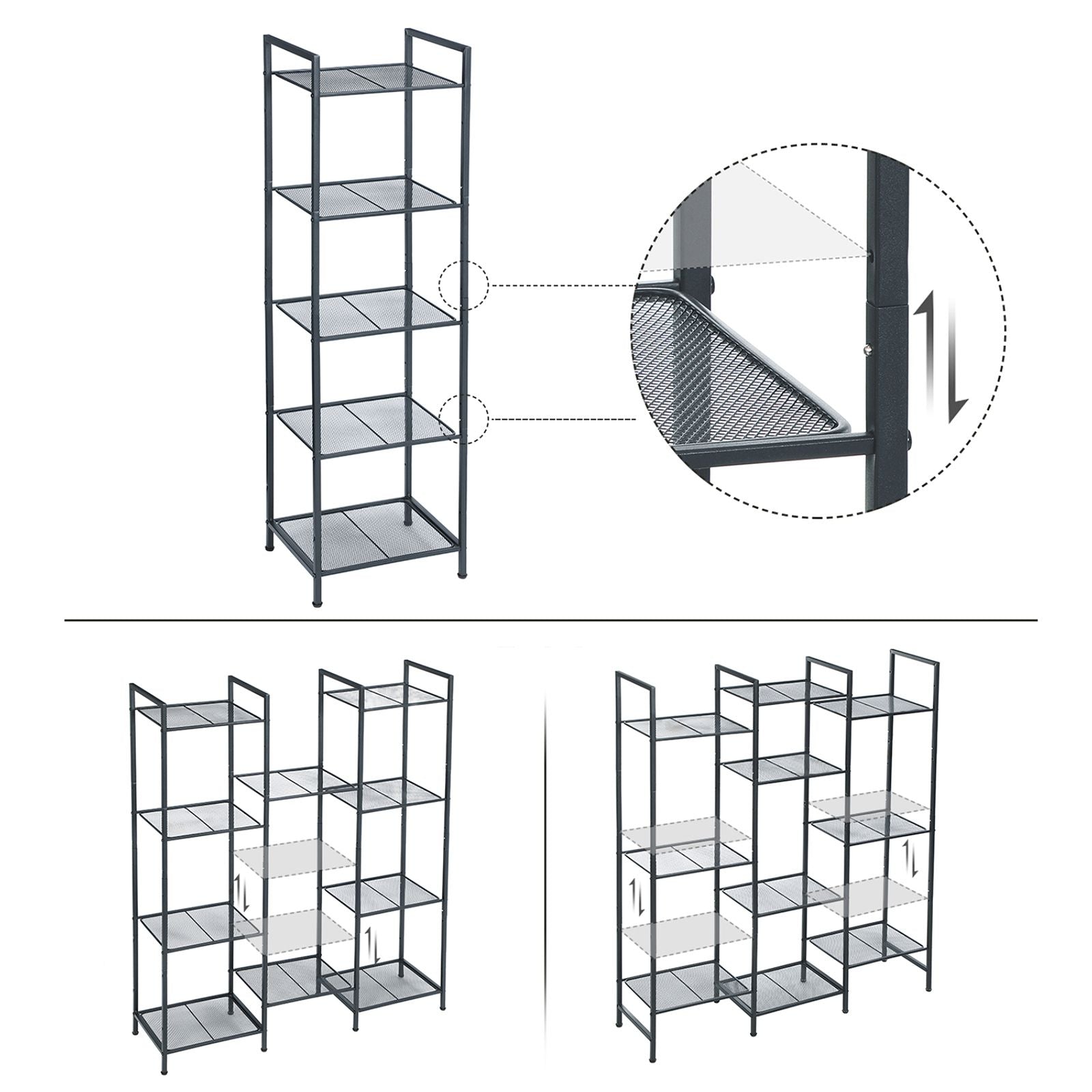 SONGMICS Fürdőszoba Polc, 5 Szintes Konyha Polc, Álló Polc, Növény Polc, Kibővíthető Állítható Polcok, Ipari Design Fürdőszobához Konyhához, Fekete