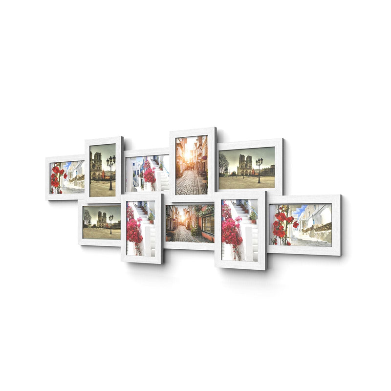 SONGMICS fotókeret kollázs 10 fényképhez 4" x 6" (10 x 15 cm) képkerettel falra szerelhető, össze kell szerelni, fehér fa erezetű