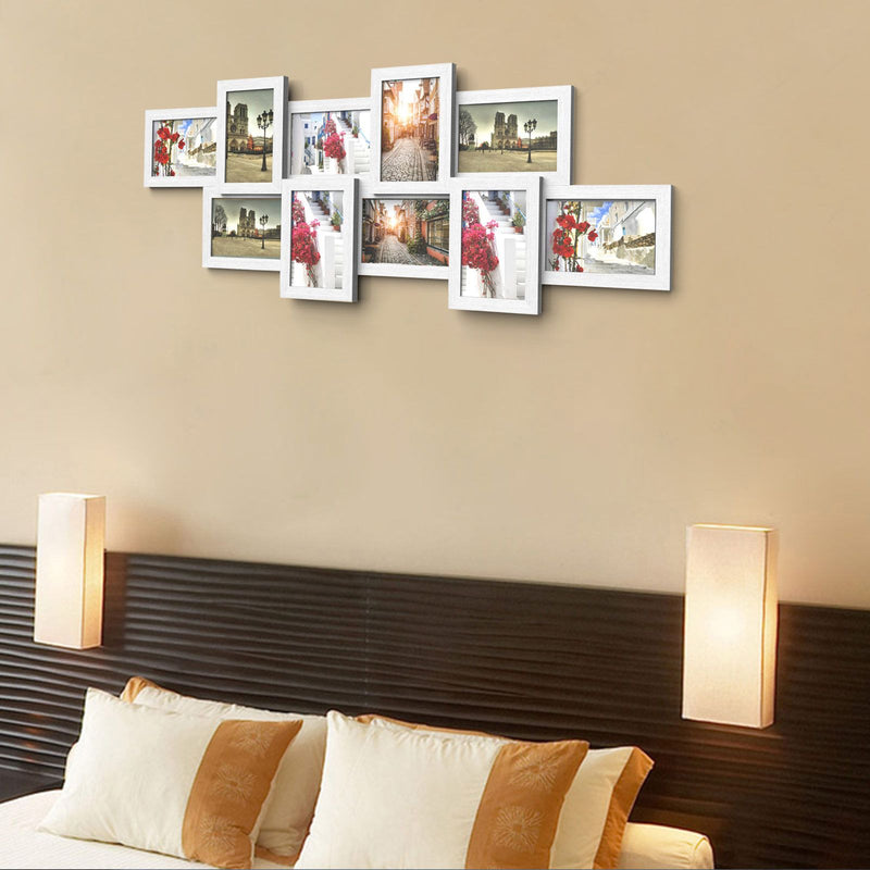 SONGMICS fotókeret kollázs 10 fényképhez 4" x 6" (10 x 15 cm) képkerettel falra szerelhető, össze kell szerelni, fehér fa erezetű
