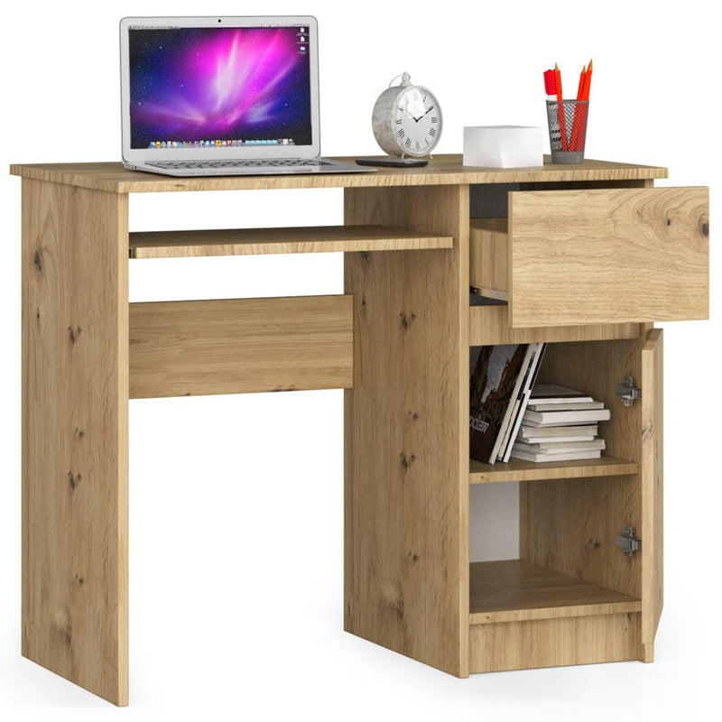 Jobb oldali számítógép íróasztal 1 ajtóval 1 fiókkal és 2 polccal 90 x 77 x 50 cm kézműves tölgy