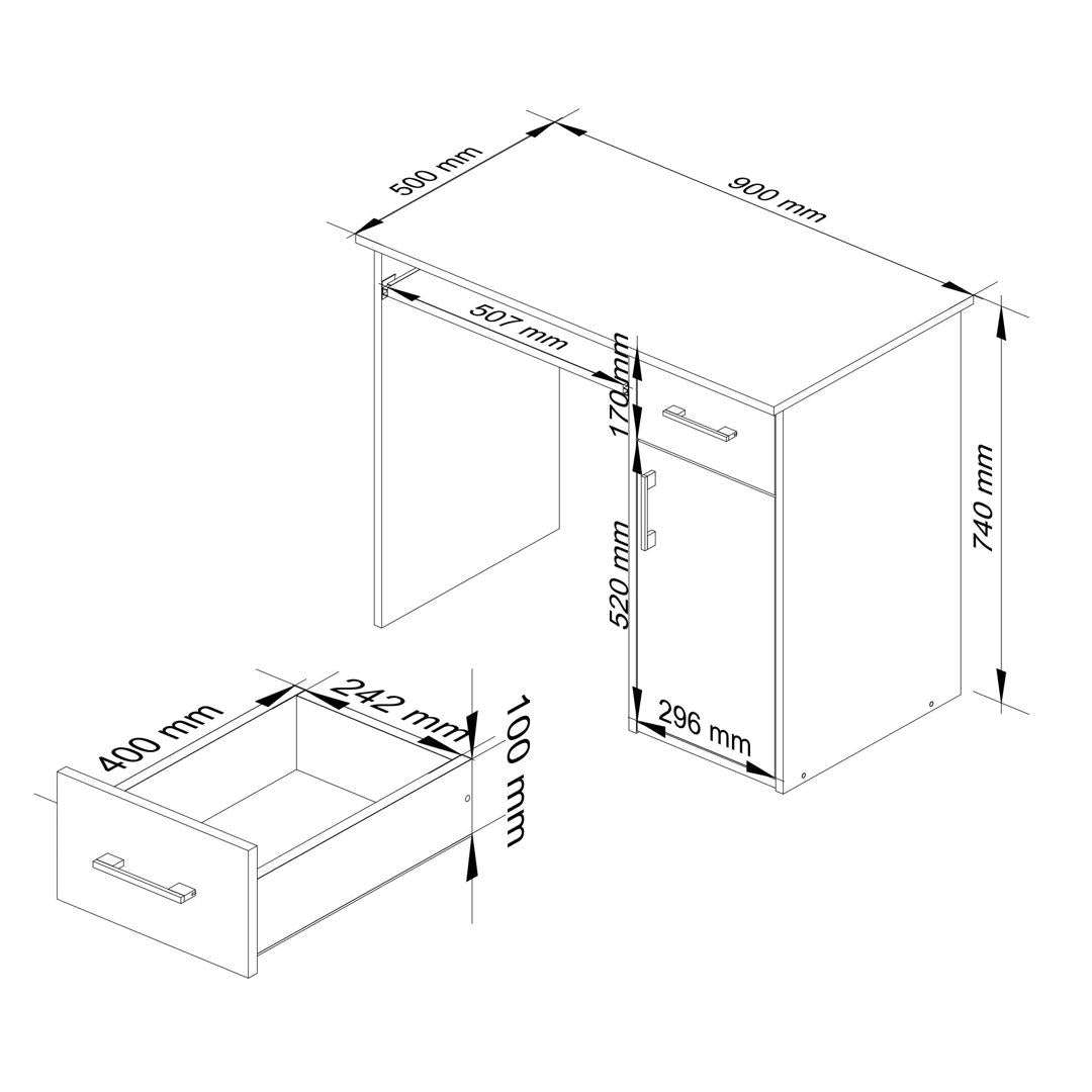 Számítógép íróasztal 1 ajtóval 1 fiókkal és billentyűzet tartóval 90 x 74 x 50 cm fehér fényes