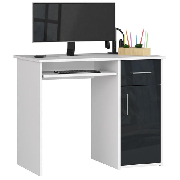 Számítógépasztal jobbos 1 ajtóvalval 1 fiókkalkal és 2 polccalcal 90 x 77 x 50 cm fényes fehér fekete