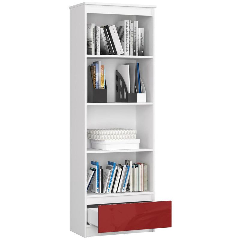 Könyves szekrény 4 polccal 1 fiókkal 60 x 180 x 35 cm fehér piros