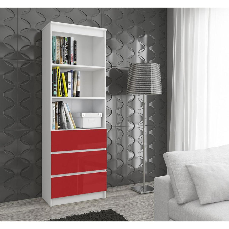 Könyves szekrény 3 fiókkal 2 polccal 60 x 180 x 35 cm piros fehér