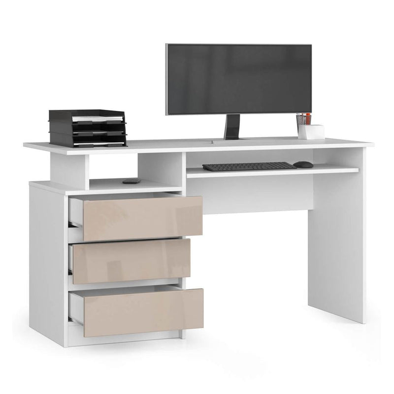 Számítógép íróasztal 3 fiókkalkal és billentyűzet tartóval 135 x 77 x 60 cm fehér barna