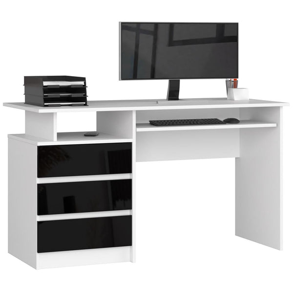 Számítógépasztal 3 fiókkalkal és billentyűzet tartóval 135 x 77 x 60 cm fekete fehér