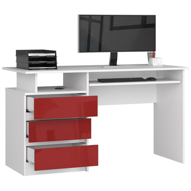 Számítógépasztal 3 fiókkal és billentyűzet tartóval 135 x 77 x 60 cm fehér piros