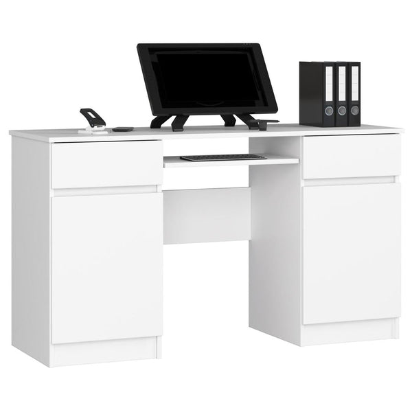 Számítógép íróasztal 2 ajtóval, 2 fiókkal és billentyűzettartóval 135 x 77 x 50 cm matt fehér