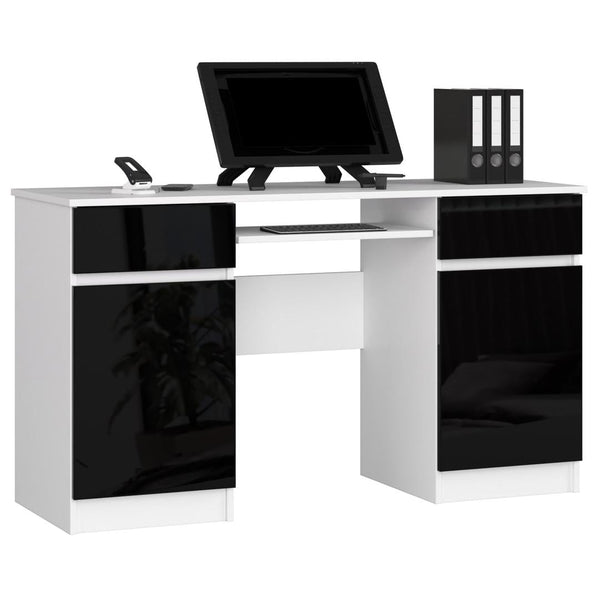 Számítógépasztal 2 ajtóvalval 2 fiókkalkal és billentyűzet tartóval 135 x 77 x 50 cm fehér fekete fényes