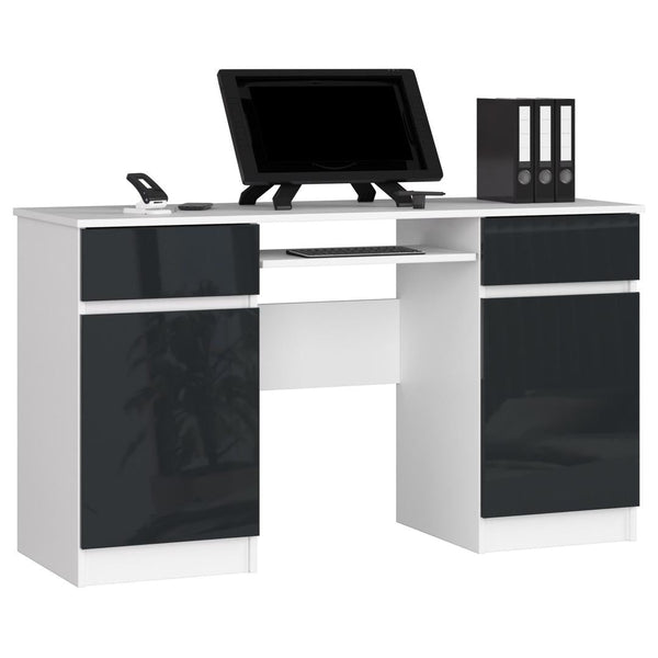 Számítógépasztal 2 ajtóvalval 2 fiókkalkal és billentyűzet tartóval 135 x 77 x 50 cm fekete fehér fényes