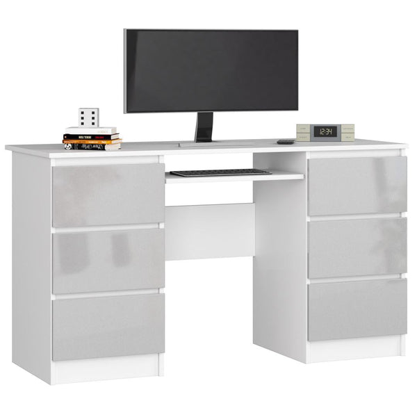 Számítógépasztal 6 fiókkalkal és billentyűzet tartóval 135 x 77 x 50 cm fehér szürke