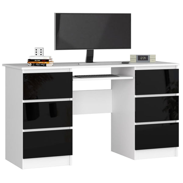 Számítógépasztal 6 fiókkalkal és billentyűzet tartóval 135 x 77 x 50 cm fehér fényes fekete