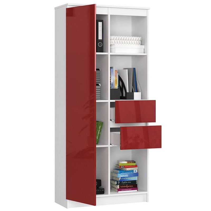 Könyves szekrény 1 ajtóval 2 fiókkal 3 polccal 80 x 180 x 35 cm fehér piros fényes