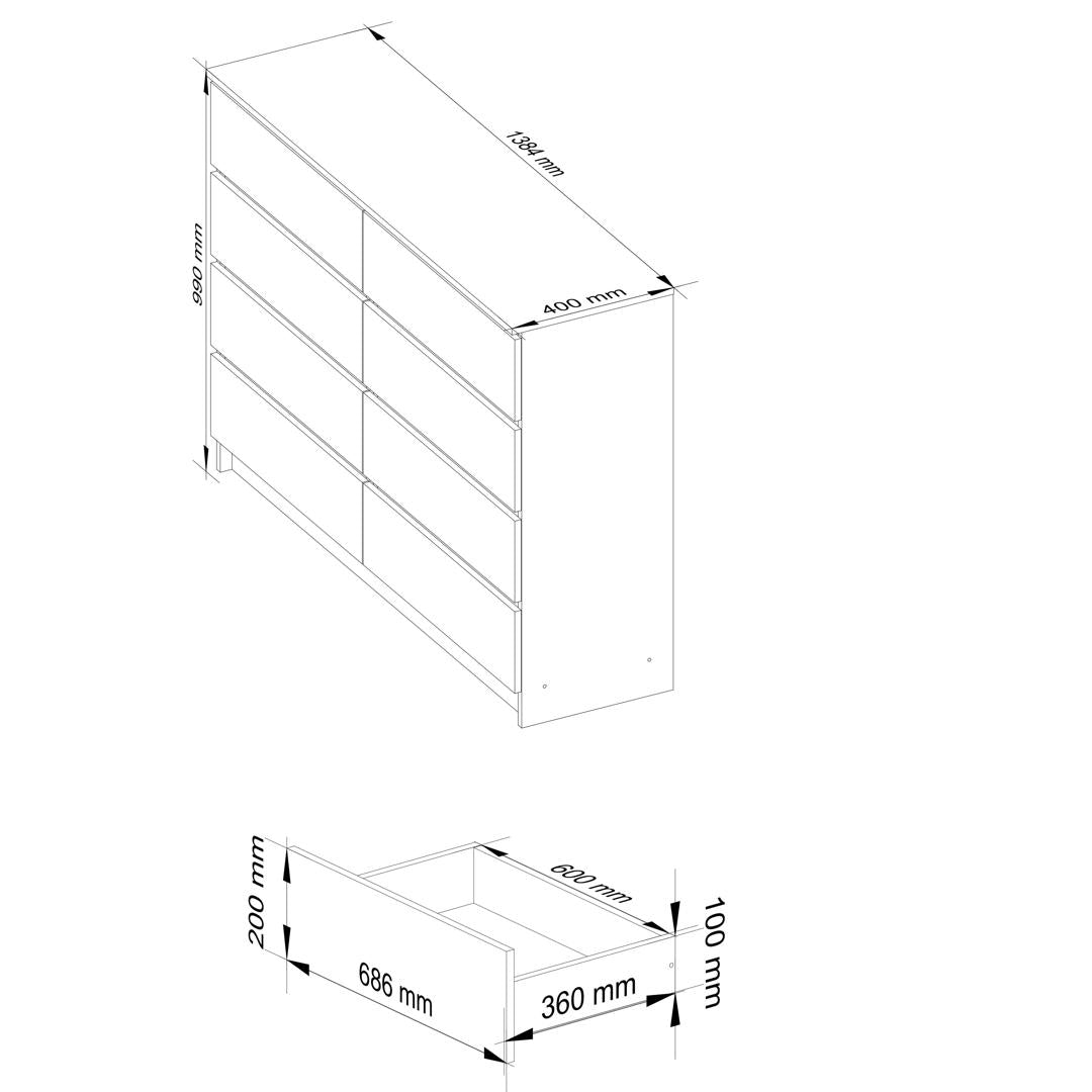 Komód 8 fiókkal 138 x 40 x 99 cm fehér barna