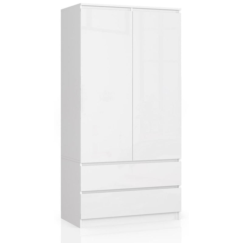 Ruhás szekrény 2 ajtóval 2 fiókkal 90 x 180 x 51 cm fehér fényes