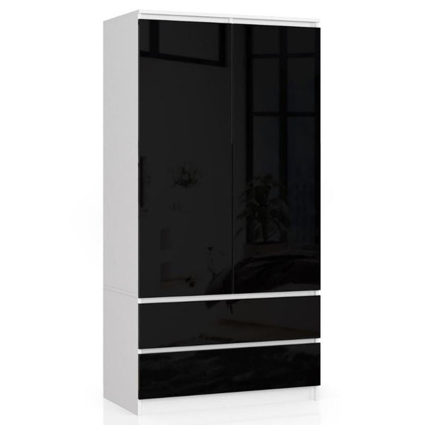 Ruhás szekrény 2 ajtóval 2 fiókkal 90 x 180 x 51 cm fehér fekete fényes