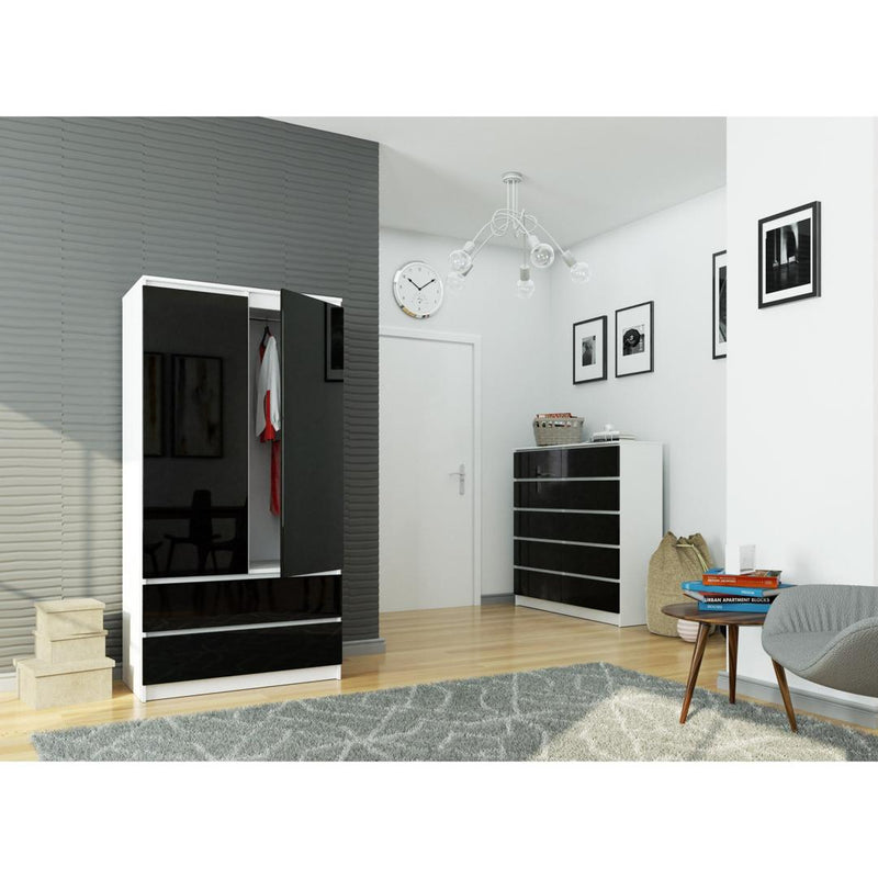 Ruhás szekrény 2 ajtóval 2 fiókkal 90 x 180 x 51 cm fehér, fényes fekete