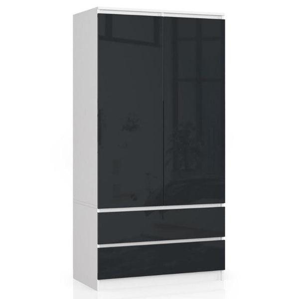 Ruhás szekrény 2 ajtóval 2 fiókkal 90 x 180 x 51 cm fehér fényes fekete