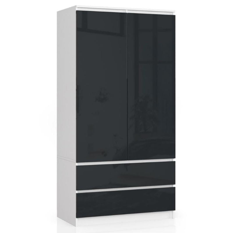 Ruhás szekrény 2 ajtóval 2 fiókkal 90 x 180 x 51 cm fehér fényes fekete