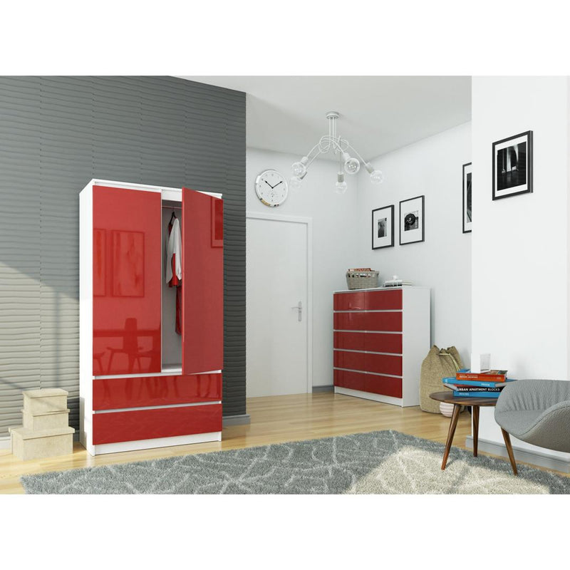 Ruhás szekrény 2 ajtóval 2 fiókkal 90 x 180 x 51 cm fehér piros