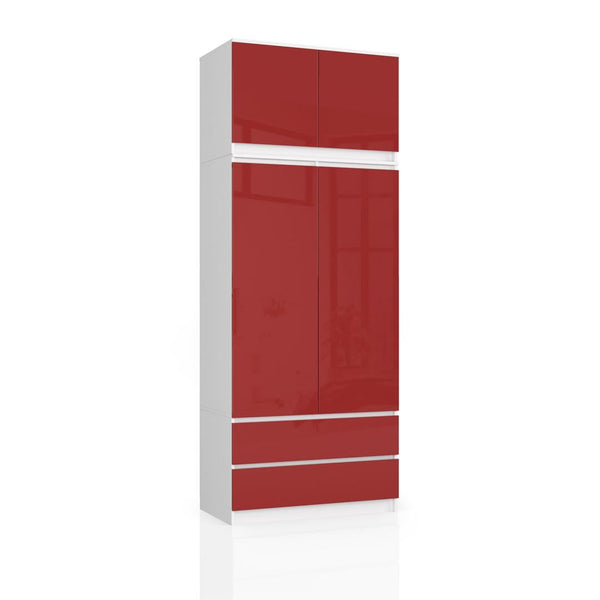 Ruhás szekrény bővítéssel 4 ajtóval 2 fiókkal 90 x 234 x 51 cm fehér piros
