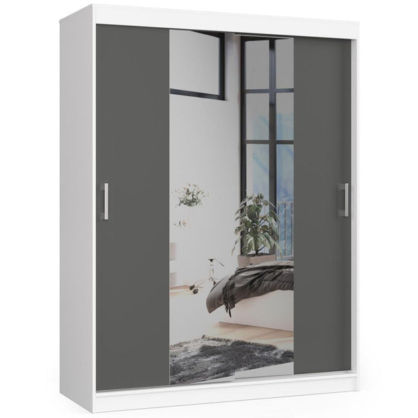 Ruhás szekrény görgős ajtókkal és tükörrel 150 x 60 x 200 cm fekete fehér